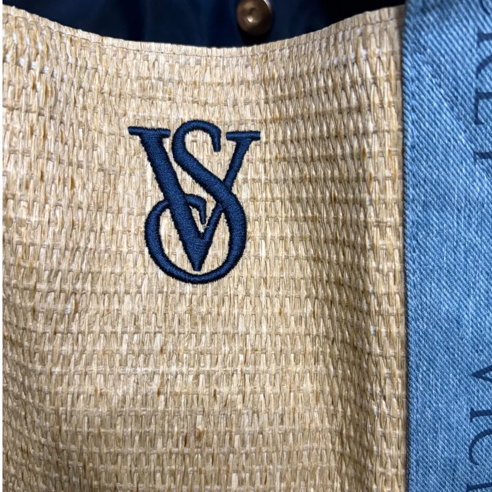 Victoria's Secret Tan Blue Tote Woven Straw Denim Logo Women's OS